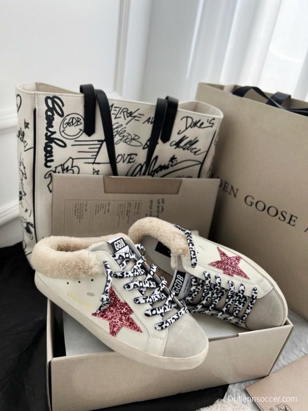 2024 Unisex GGDB White Pink Glitter Suede Leather Fur Slippers MJ00280
