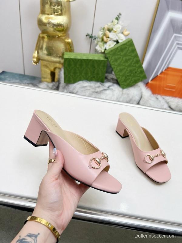 2025 Women Gucci Pink Leather Block Heel Mules MJ00180