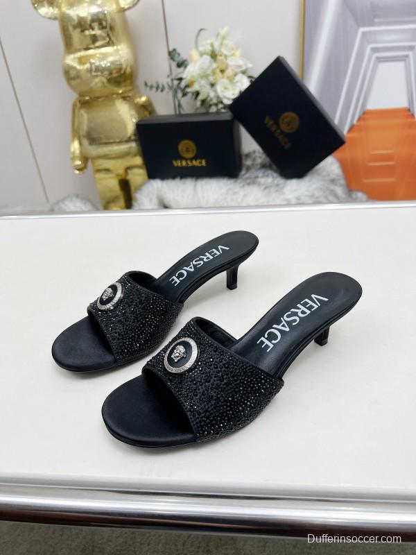 2025 Women VERSACE Black Silk Rhinestone Square Toe Sandals MJ00230