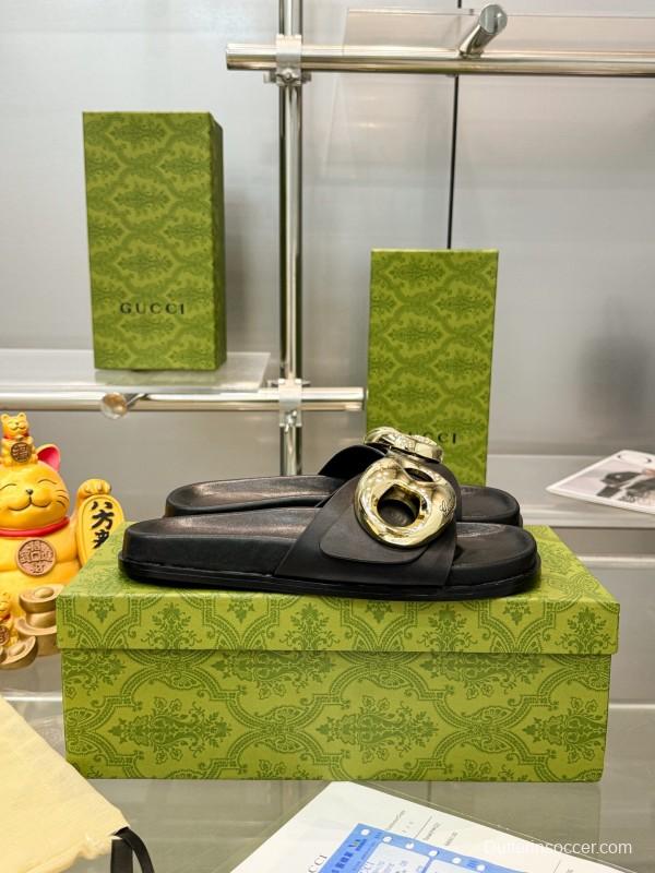 2025 Gucci Black Leather Slippers KFY00210