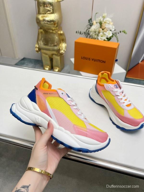 2025 Women Louis Vuitton Yellow Pink Blue Mesh Leather Sneakers