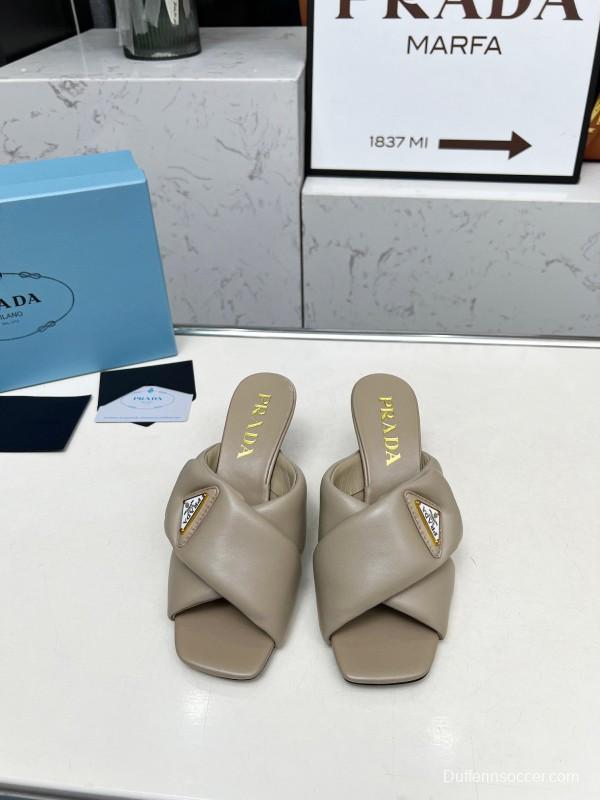 2025 Women Prada Beige Leather High Heel Sandals
