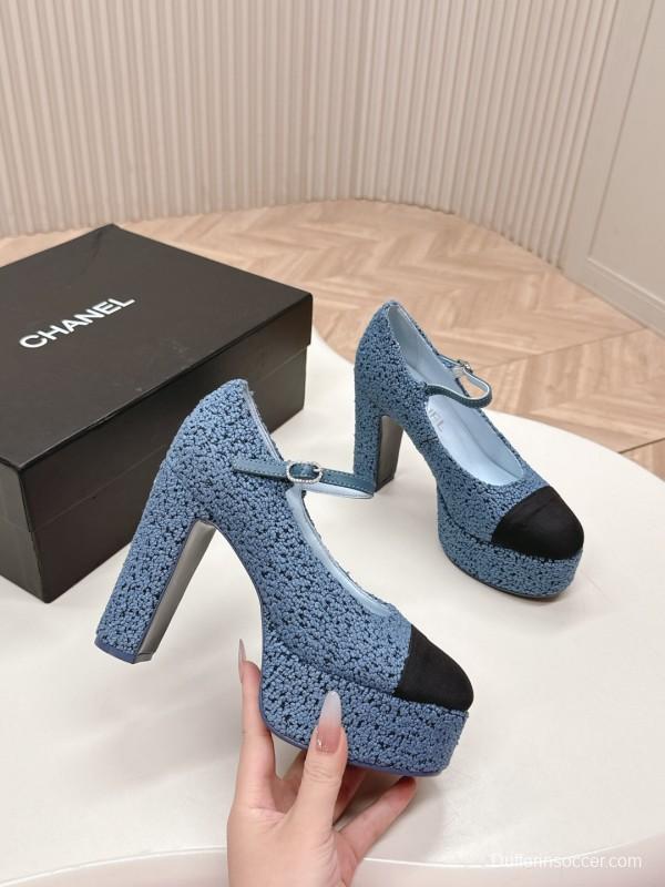 2025 Women Chanel Blue Black Tweed Leather Platform Pumps KFY00330