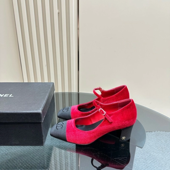 2025 Women Chanel Red Black Suede Leather Mary Jane Logo KFY00290