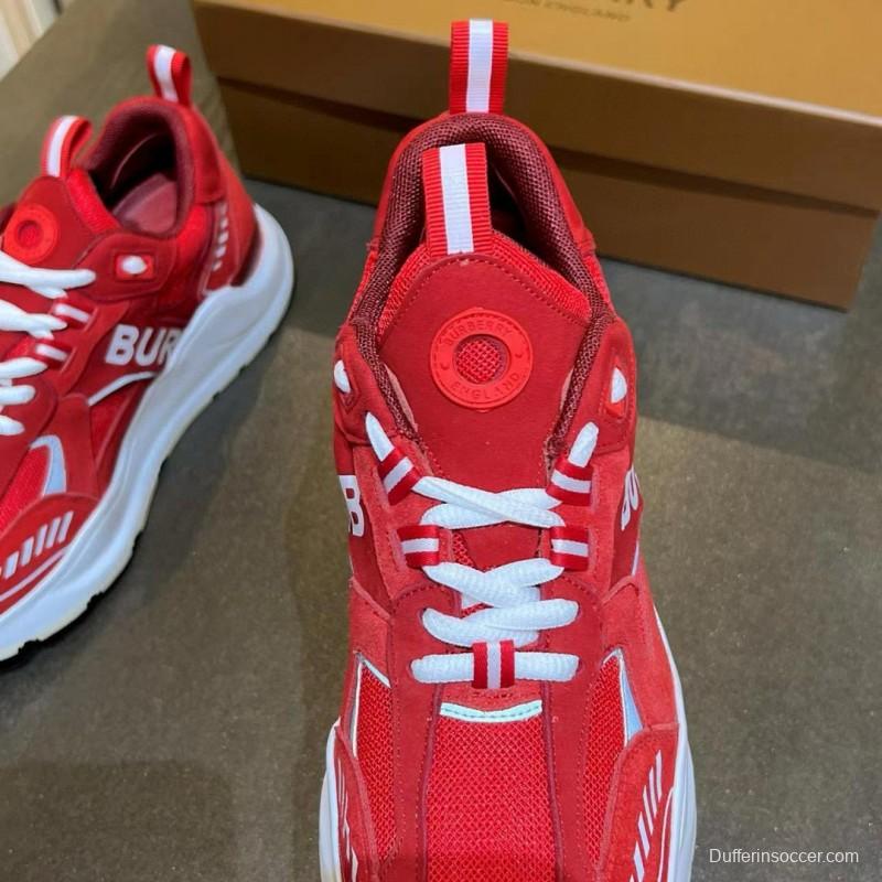 2025 Unisex Burberry Red Suede Leather Mesh Platform Sneakers MJ00380