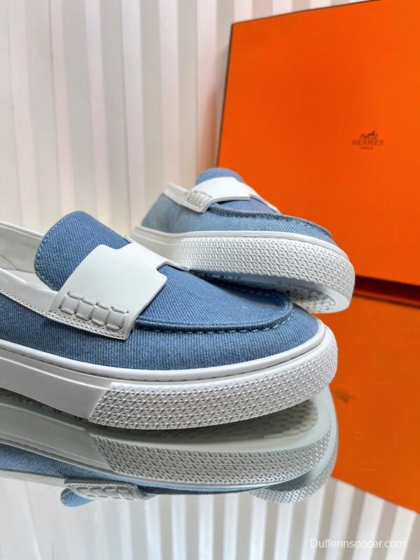 2025 Women Hermès Blue White Leather Canvas Loafers LY00310