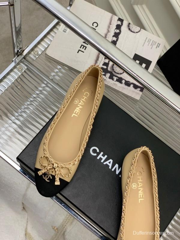 2025 Women Chanel Beige Black Leather Ballet Flats