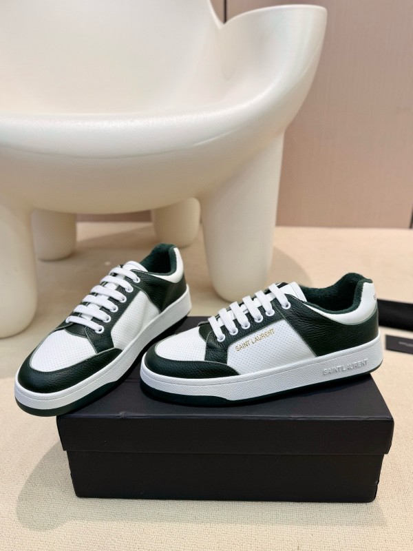 2024 Unisex Yves Saint Laurent White Dark Green Leather Silk Cowhide SL61 Casual Shoes Perforation MJ00350