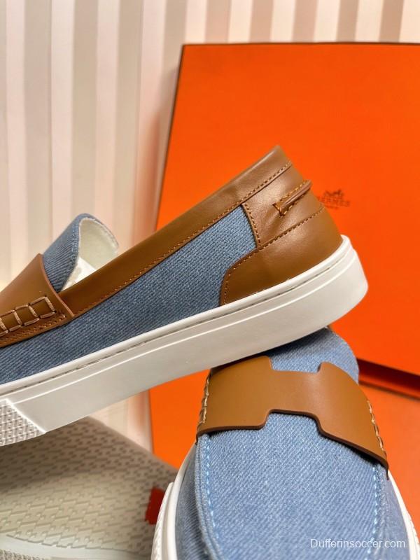 2025 Women Hermès Blue Brown Leather Canvas Loafer LY00310