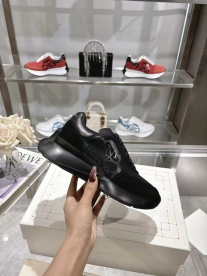 2025 Women Alexander McQueen Black Leather Mesh Sneakers LY00340