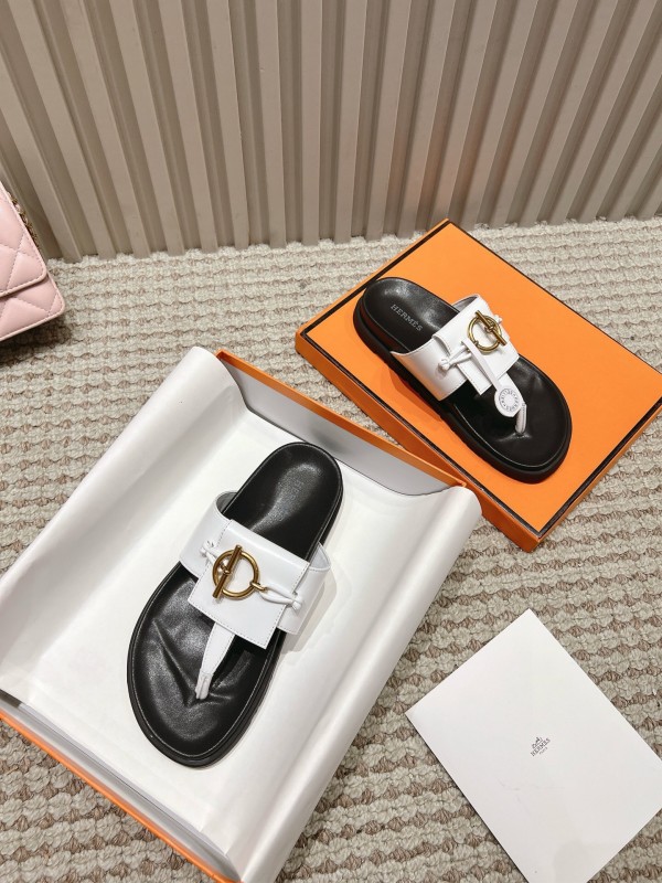 2025 Women Hermès White Leather Slippers LY00270