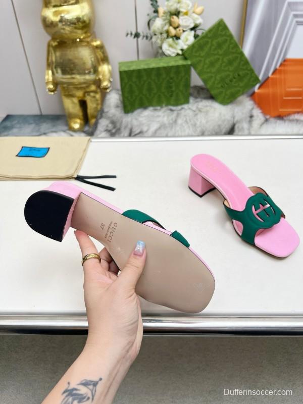 2025 Women Gucci Pink Green Leather Slippers