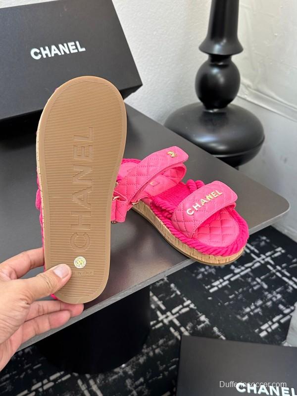 2025 Slippers Chanel Pink Quilted Fabric Espadrille LY00250