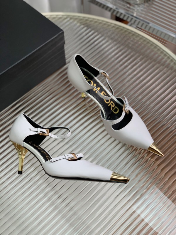 2025 Women TOM FORD White Gold Leather Pointed Toe Pumps KFY00320
