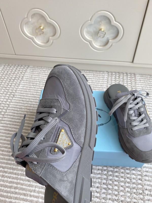 2025 Women Prada Grey Suede Nylon Sneakers LY00290