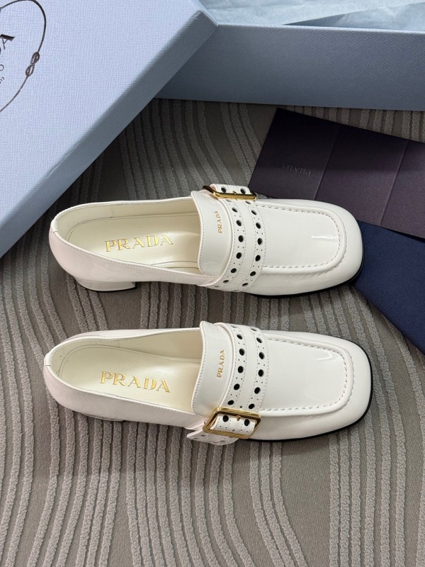 2025 Women Prada White Leather Loafers KFY00320