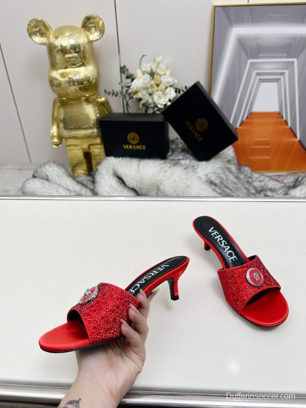 2025 Women VERSACE Red Silk Rhinestone Kitten Heel MJ00230