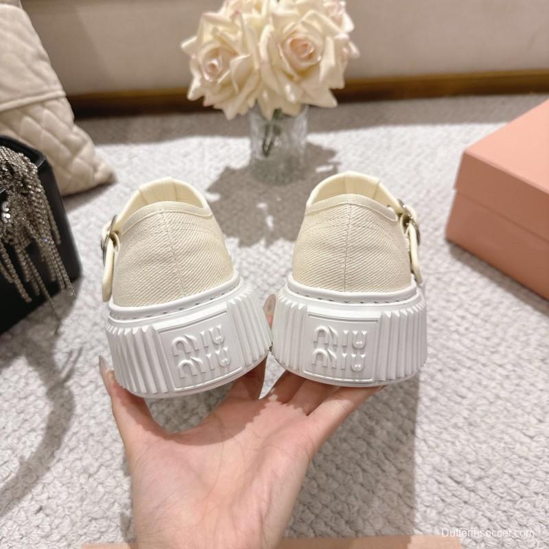 2025 Women Miu Miu White Canvas Platform Mary Jane LY00270