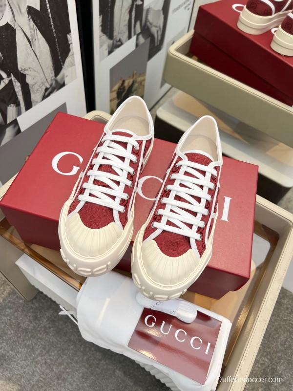 2025 Women Gucci Burgundy Canvas Rubber Sole Thick Platform Sneakers Handcrafted LY00270