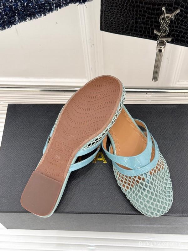 2025 Women AlAIA Light Blue White Leather Mesh Flat Slippers