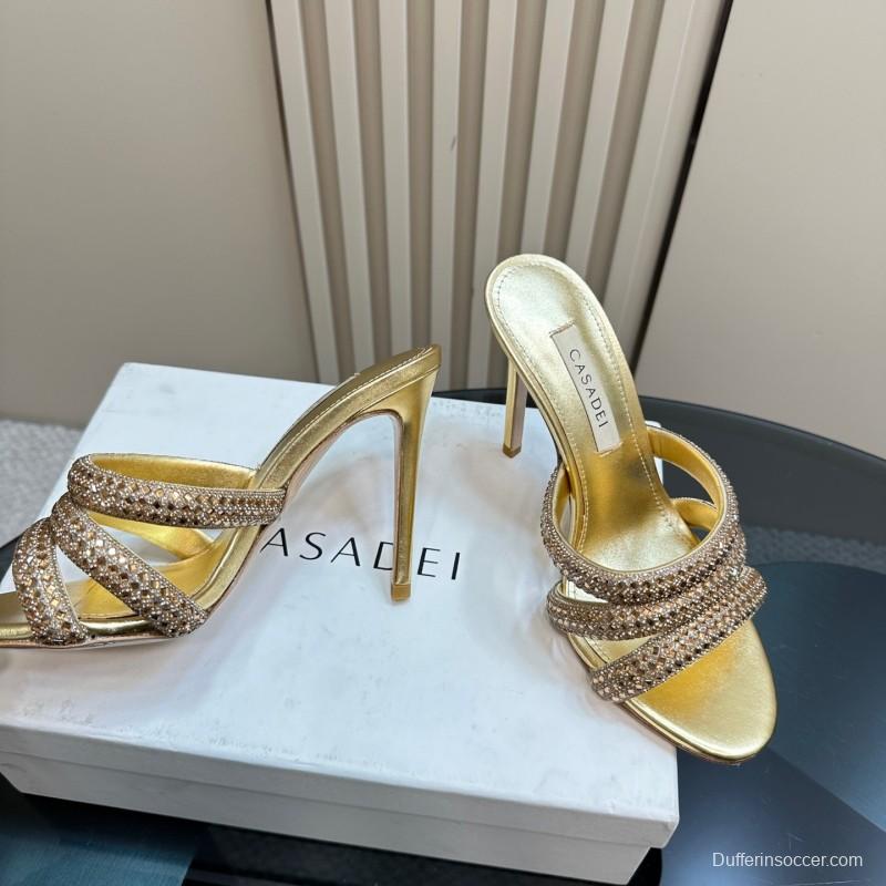 2025 Women Casadei Gold Glitter Leather High Heel Sandals