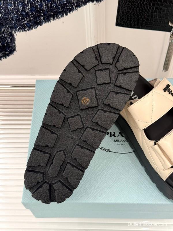 2025 Slippers Prada Beige Leather Magic Tape Platform Thick Sole