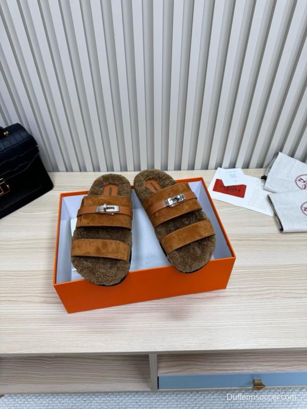 2024 Slippers Hermès Brown Suede Shearling Slippers MJ00300