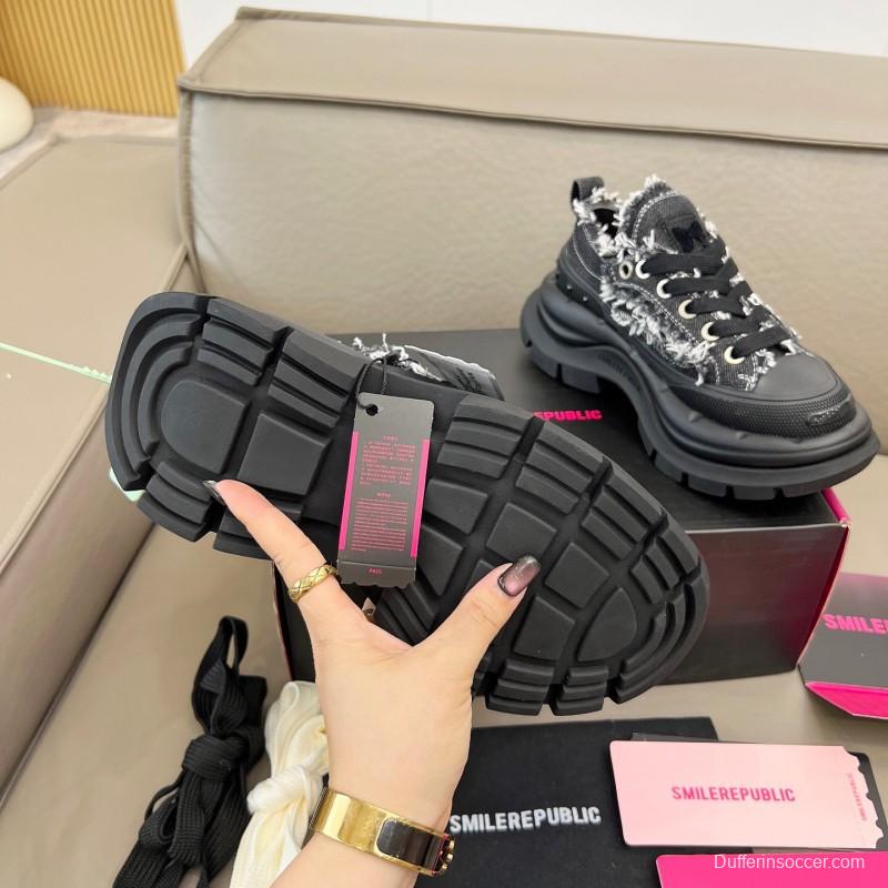 2025 Women SmileRepublic Black Tweed Leather Canvas Chunky Sneakers LY00291