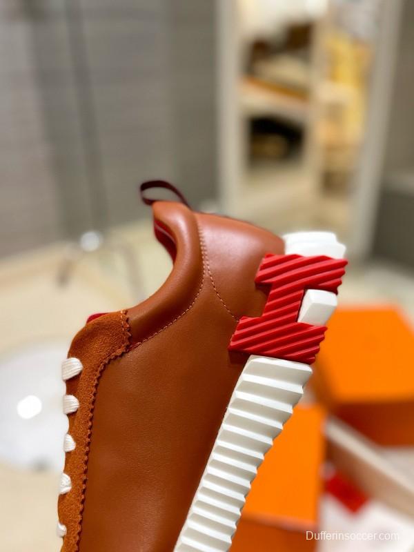 2024 Unisex Hermès Brown Red Imported Sheepskin Suede Silk Leather Casual Sneakers MJ00320