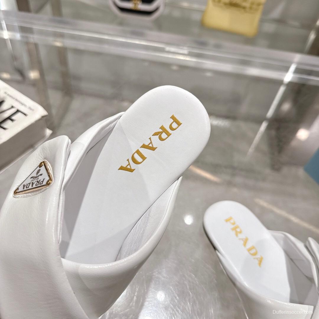 2025 Women Prada White Leather Slippers