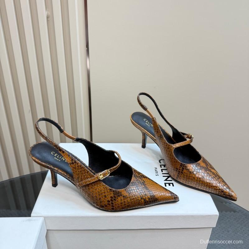 2025 Women CELINE Brown Snake Leather Slingback Pumps