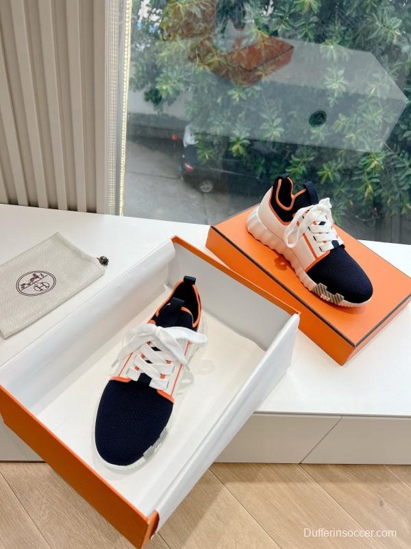 2024 Unisex Hermès 爱H Navy Orange Knit Leather Sneakers 