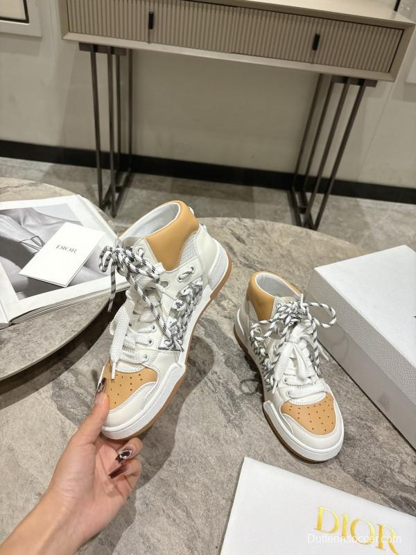 2025 Women Dior White Beige Leather Mesh High Top Sneakers