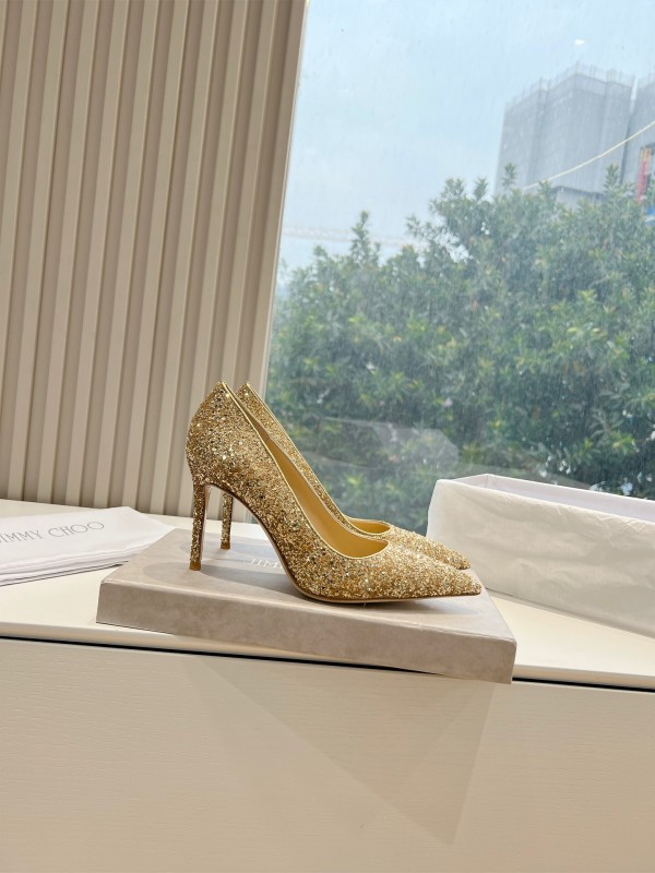 2025 Women Jimmy Choo Gold Crystal Leather Heels KFY00280
