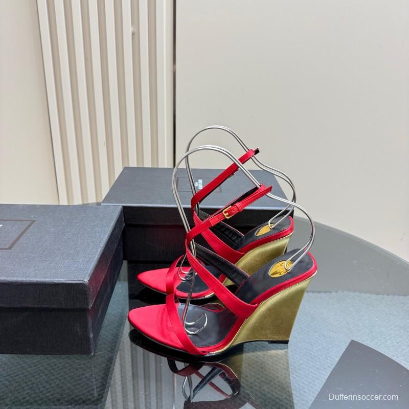 2025 Women Yves Saint Laurent Red Silk Wedge Sandals Elegant Craftsmanship LY00360(F)