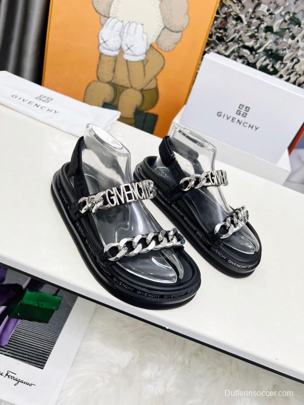 2025 Women Givenchy Black Leather Sandals Chain LY00260
