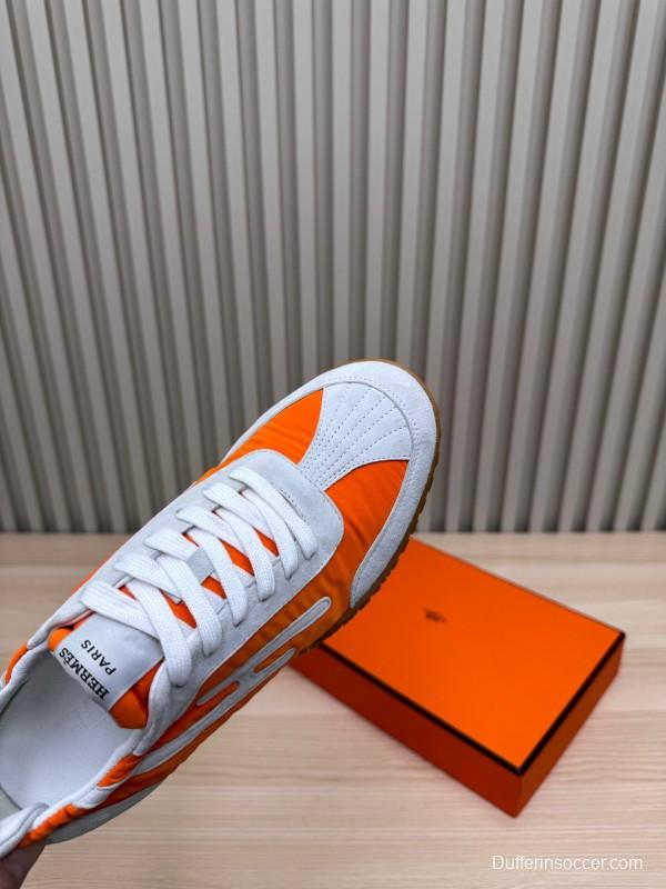 2025 Unisex Hermès Orange White Suede Nylon Sneakers Top Version LY00310