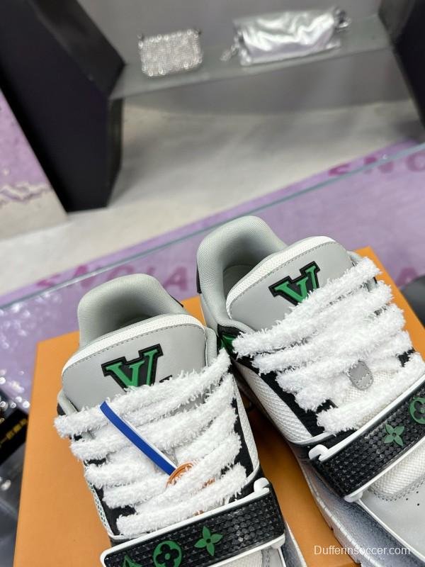 2024 Unisex Louis Vuitton Green White Leather Fabric Plimsolls Waxed Distressed Washed MJ00500