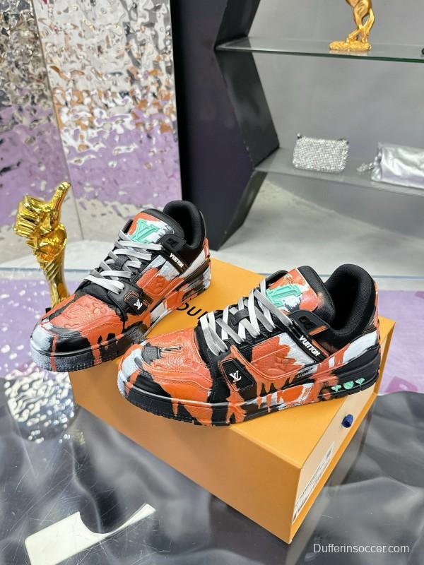 2024 Unisex Louis Vuitton Orange Black White Leather Denim Plimsolls Artist Hand-drawn MJ00780