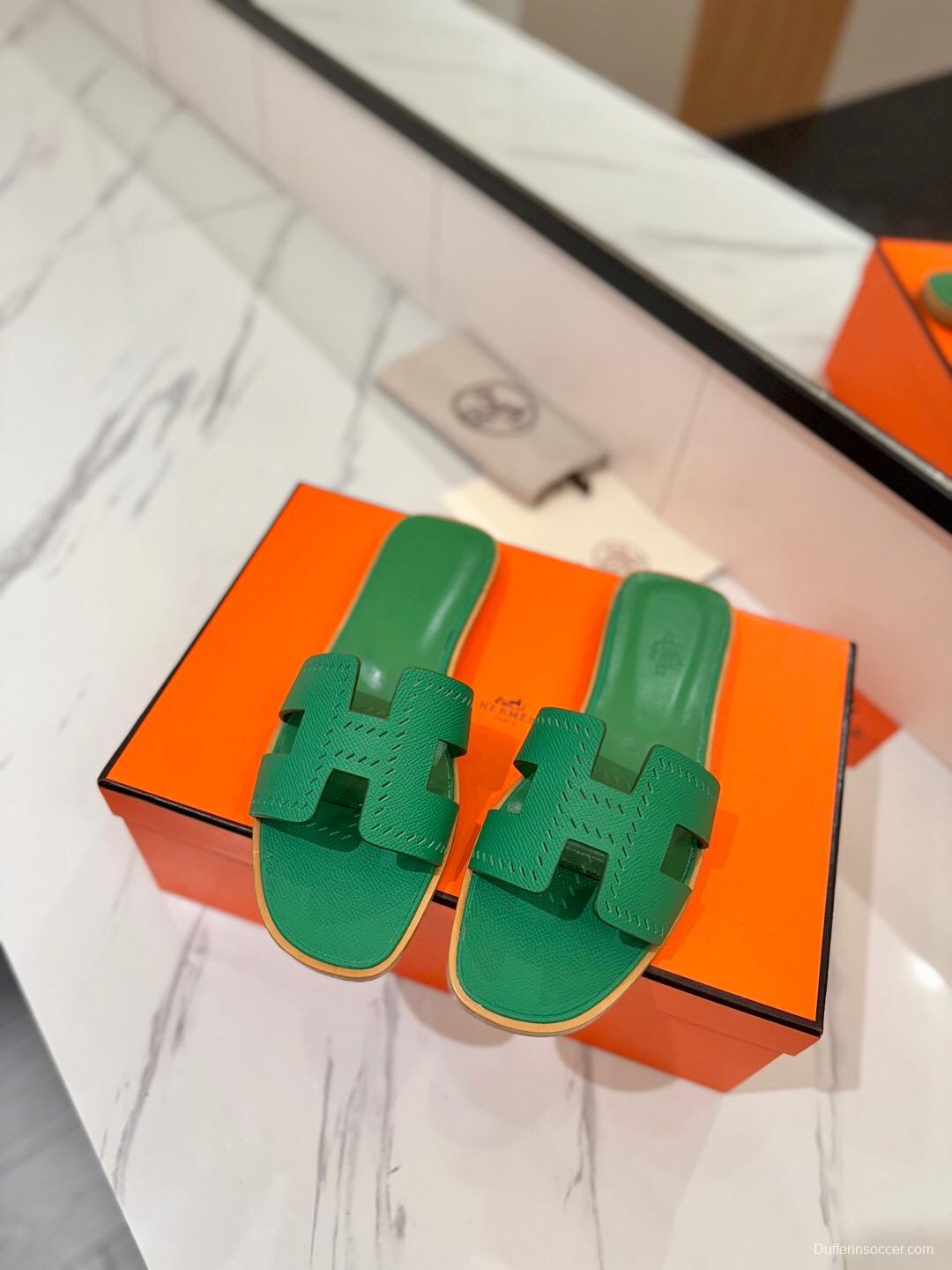 2025 Women Hermès Green Leather Slippers