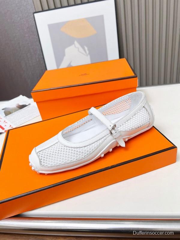 2025 Women Hermès White Leather Mesh Mary Jane LY00230
