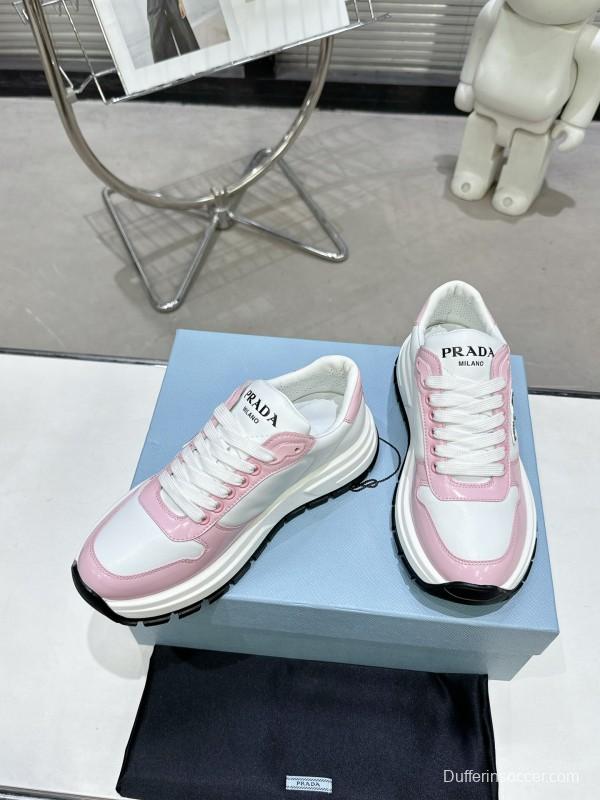2025 Women Prada White Pink Leather Sneakers