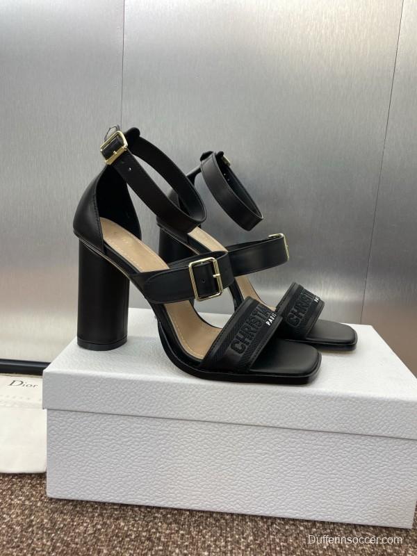 2025 Women Dior Black Leather High Heel Sandals KFY00310