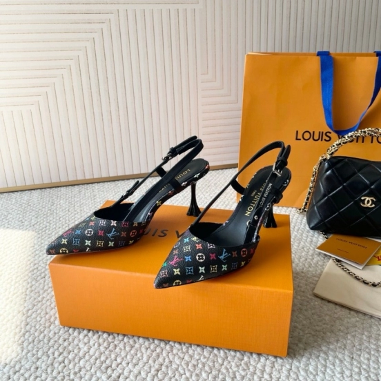 2025 Women Louis Vuitton Black Multicolor Canvas Leather Slingback Heels