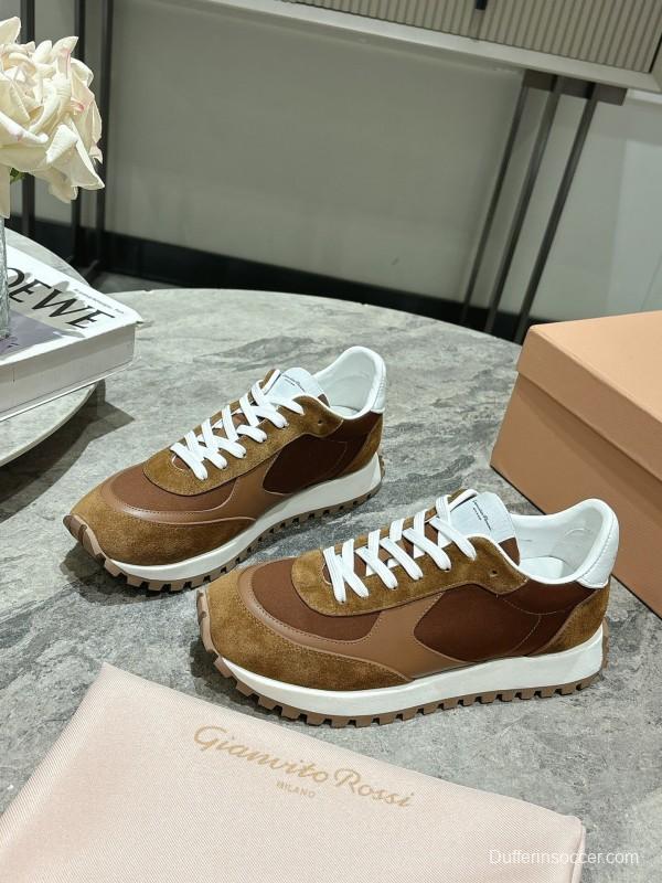 2025 Unisex Gianvito Rossi Brown White Leather Suede Mesh Sneakers KFY00340