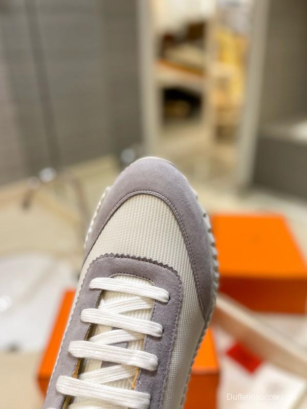 2024 Unisex Hermès White Grey Silk Leather Sneakers MJ00320