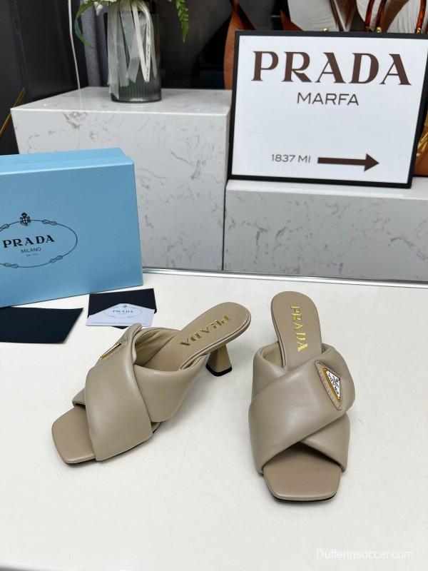 2025 Women Prada Beige Leather High Heel Sandals