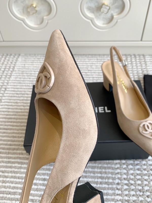 2025 Women Chanel Beige Suede Slingback Pointed Toe Heart CC Sandals