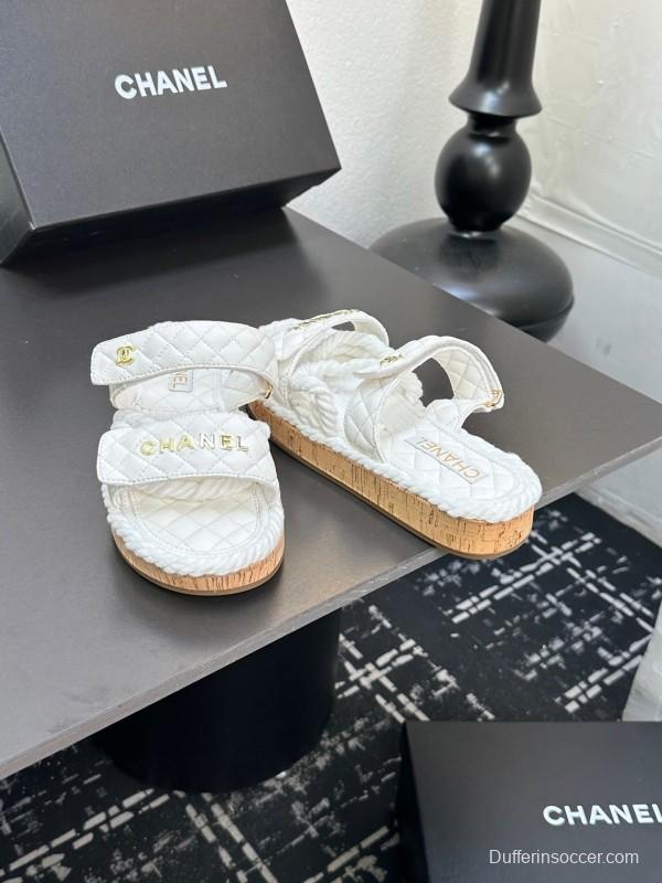 2025 Slippers Chanel White Quilted Fabric Cork Sole LY00250