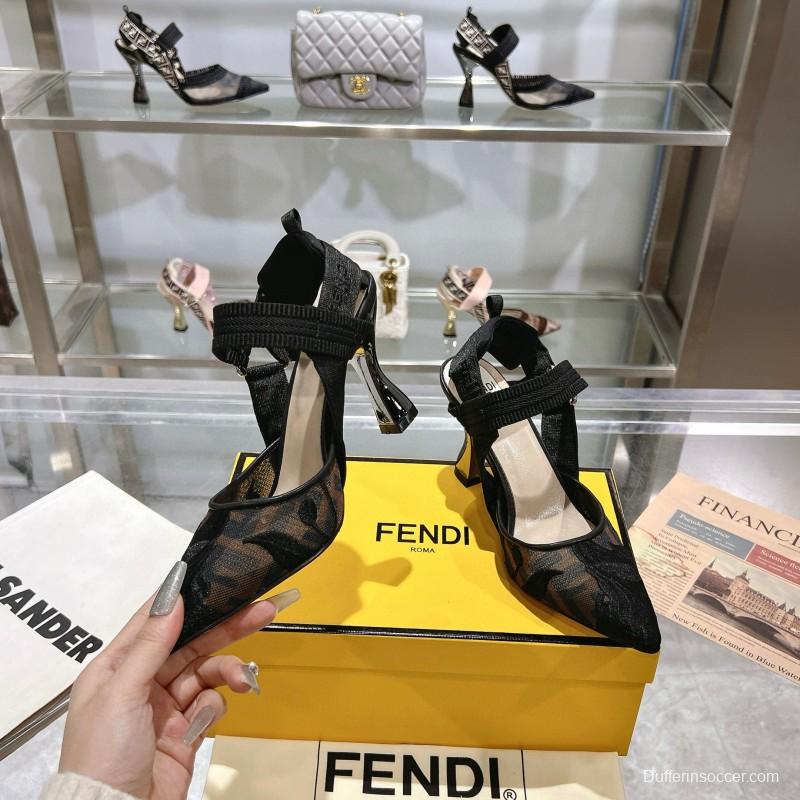 2025 Women Fendi Black Mesh Leather Heels MJ00280